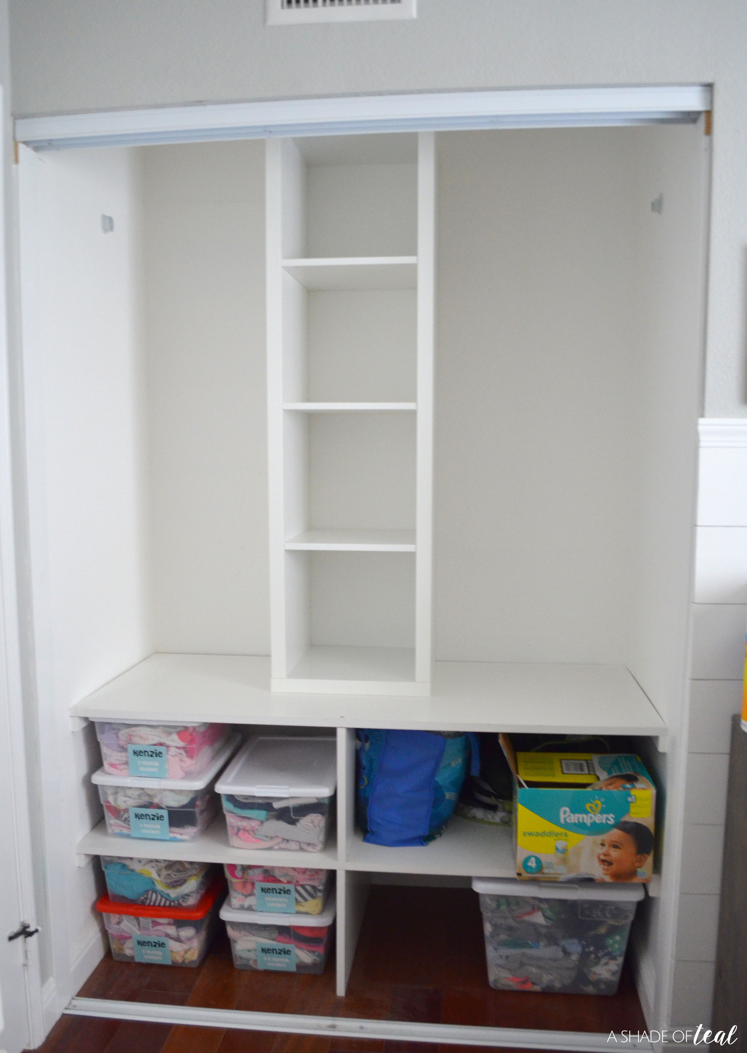 By removing the hanger rod and adding a cube storage bench, hooks and a  shelf, this tiny closet …